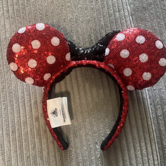 Disney Park White Bow Red Polka Dot Minnie Mouse Ears Sequins Headband Kid Adult - Picture 2 of 7